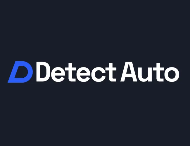Detect Auto blue and white logo on a dark background with stylized D icon