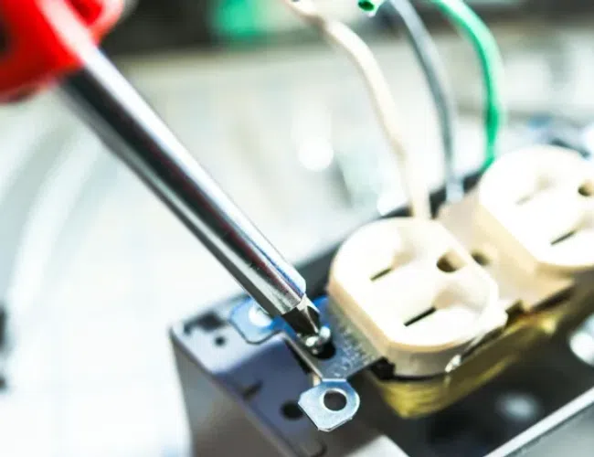 Screwdriver tightening a screw on an electrical outlet during installation or repair work.