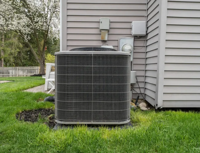 Outdoor air conditioning unit installed beside a beige house with green lawn and blossoming tree nearby