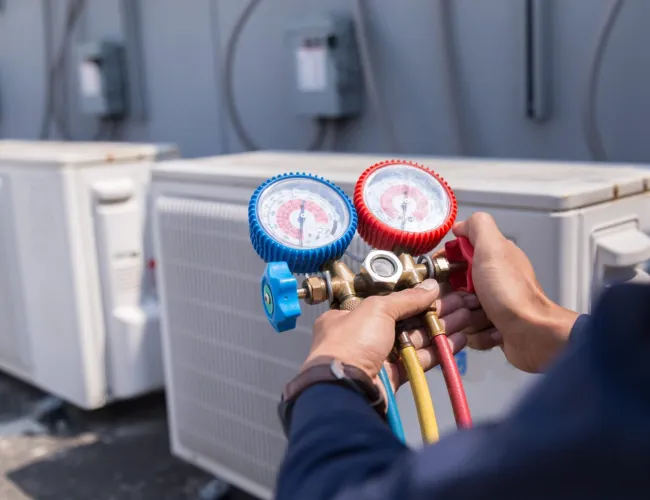 Technician adjusting HVAC gauges with red and blue dials on air conditioning unit outdoors.