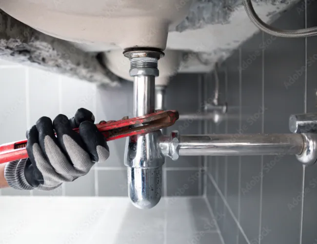 Plumber wearing gloves using a red pipe wrench to fix a chrome drain pipe under a bathroom sink.