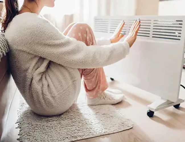 Woman in cozy clothes warming hands by a white electric heater in a bright living room.