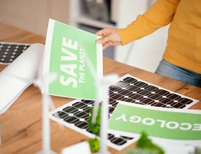 Person holding green ecological and save the planet signs with solar panels on wooden table
