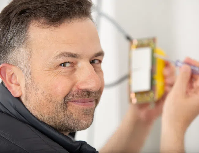 Man smiling while installing or repairing an electrical switch on a white wall using a screwdriver.