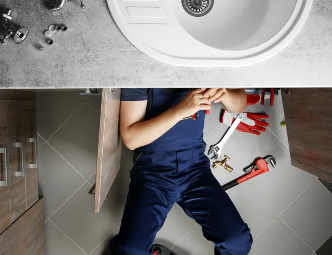 Plumber working under bathroom sink surrounded by plumbing tools, wrenches, gloves, and faucet parts.