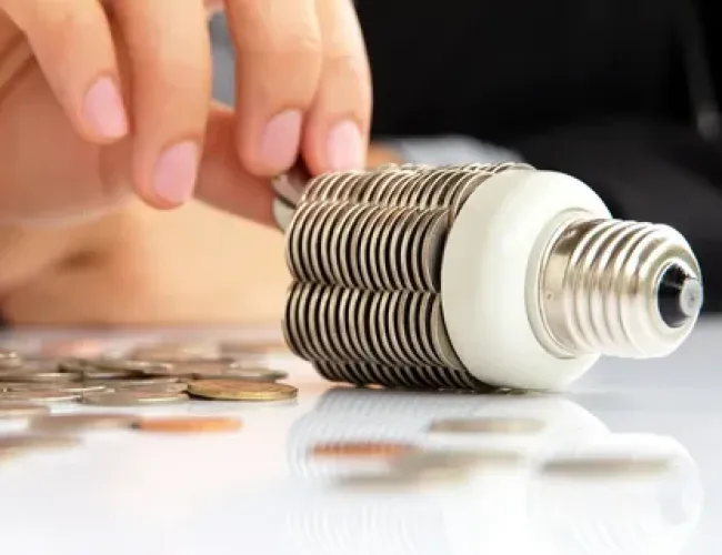 Hand placing coins into a stacked pile shaped like a light bulb on a reflective surface.