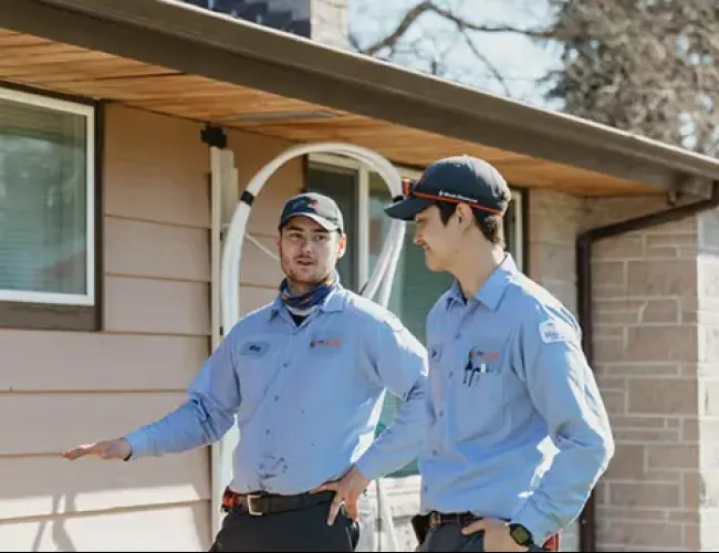 Two technicians in blue uniforms and caps discussing work outside a residential building on a sunny day.