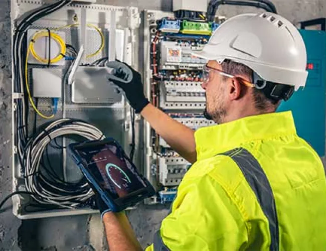 Electrician wearing safety gear working on a circuit breaker panel using a tablet for diagnostics