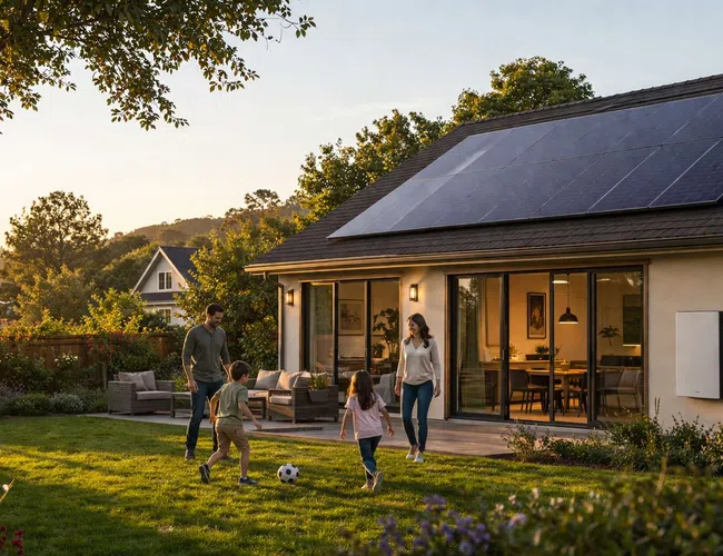 Family playing soccer in yard of modern home with solar panels on roof during sunset.