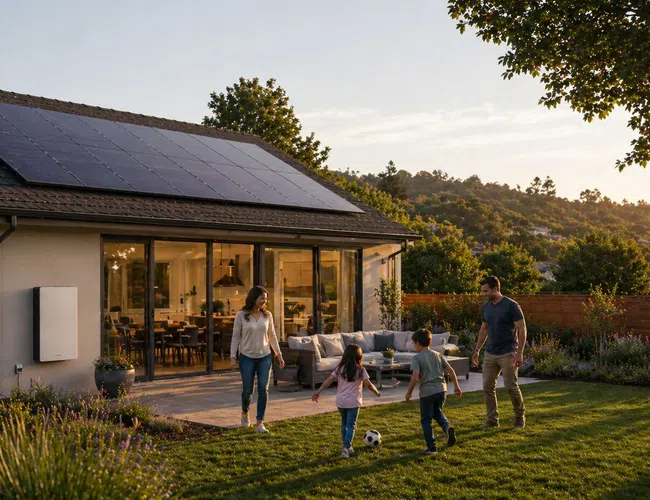 Family playing soccer in backyard of solar-paneled modern house at sunset with garden and hills in the background