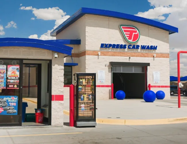 a gas station with a few booths