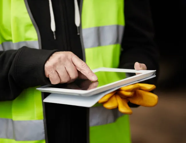 Worker in safety vest using tablet, holding yellow gloves, close-up of hands and device.