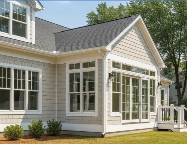 Modern light gray house with white trim features large windows and well-kept lawn under a clear sky