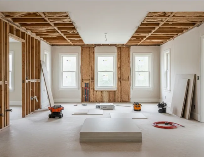 Interior of a room under renovation with exposed framing, drywall sheets, construction tools, and windows.