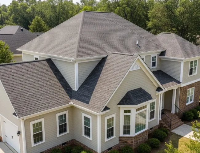 Modern two-story house with gray roof, beige siding, brick accents, and surrounding greenery on a sunny day