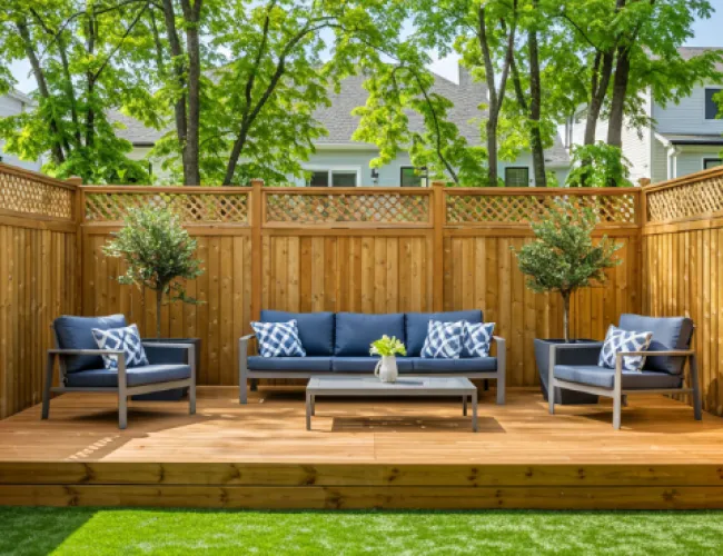 Outdoor wooden deck with blue cushioned patio furniture and green plants enclosed by a tall wooden fence.