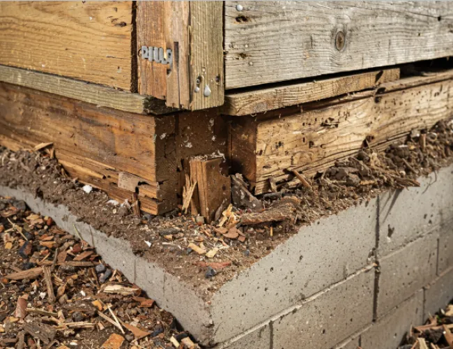 Close-up of wooden house foundation showing severe wood rot and damage at the base above concrete blocks.
