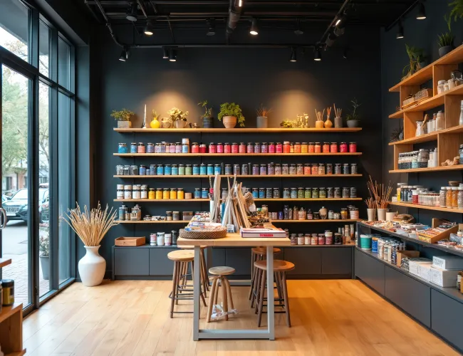 Bright art supply store interior with paint jars, wooden shelves, and central table with stools and art tools.