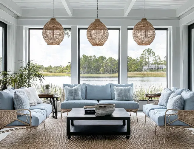 Bright sunroom with wicker furniture, blue cushions, wicker pendant lights, and a serene lake view through large windows.