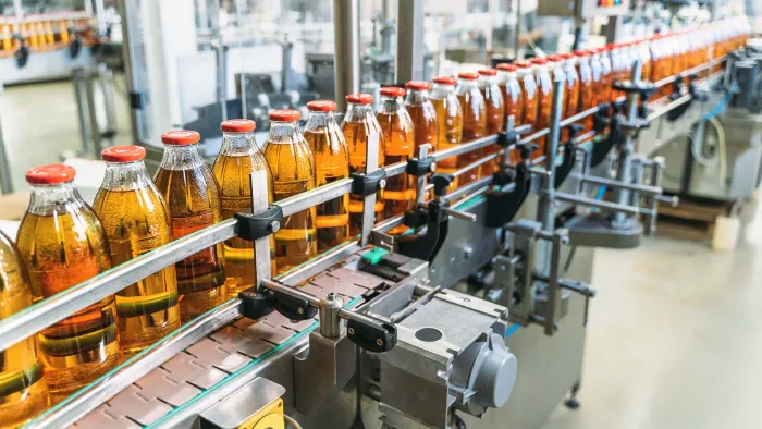Rows of glass bottles filled with amber liquid move along an automated conveyor belt in a beverage bottling factory.