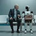 Businessman sitting next to humanoid robot holding briefcase on waiting room bench in modern office.