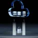 3D cloud with database symbol and padlock below representing secure cloud data storage and protection.