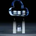 Metallic cloud icon with data server slots above two pillars and a padlock symbolizing secure cloud storage.