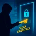 Hooded figure holding glowing key labeled stolen credentials in front of a locked digital door with a padlock icon.