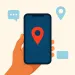 Hand holding smartphone with red location pin on screen surrounded by icons for messaging and mail