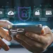 Hands holding smartphone with digital security icons and a shield lock symbolizing mobile finance protection.