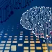 Digital brain composed of white circuit lines over a blue background with colorful pixelated squares.