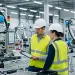 Two engineers in safety gear monitoring automated robotic arms in a modern manufacturing factory setting.