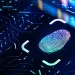 Digital fingerprint on a circuit board representing biometric security and cybersecurity technology.