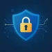 Blue shield with golden padlock symbolizing cybersecurity and data protection on a tech background.