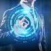 Businessman in suit interacting with glowing digital cloud icon and futuristic interface graphics