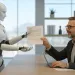 Robot handing a document to a businessman across a table in a modern office setting with large windows.