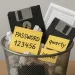 Floppy disks with weak passwords in a trash bin symbolizing poor password security and data protection risks.