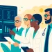 Diverse group of medical professionals analyzing digital health data on a large screen.
