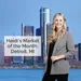 Smiling woman in blazer stands before Detroit skyline with text Heidi’s Market of the Month: Detroit, MI.