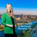 Smiling woman in green blazer stands before skyline and river view of Memphis, Tennessee with text about market of the month.