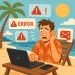 Stressed man in a Hawaiian shirt working on a laptop at the beach with multiple error alerts and messages.