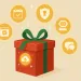 Red gift box with green ribbon surrounded by icons of calendar, security shield, chatbot, chat bubbles, and cloud upload.