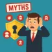 Anxious man in suit surrounded by myth icons and a shield with keyhole symbolizing cybersecurity myths.