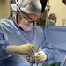 Surgeon wearing magnifying glasses and protective gear performing surgery in an operating room.