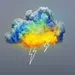 Colorful cloud with vibrant hues and two white lightning bolts against a gray background.