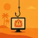Computer monitor with phishing email alert hooked on fishing line over tropical background with palm trees and sun.