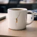 White ceramic coffee mug with a visible crack and coffee drip, placed on a wooden desk with office supplies.