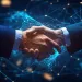 Two business professionals shaking hands with a digital network overlay symbolizing technology and partnership.