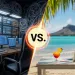 Contrast between a dark tech-filled office setup and a bright tropical beach workspace with laptop and cocktail.