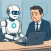 Robot and worried businessman sit at desk using laptop in office setting with framed pictures on wall